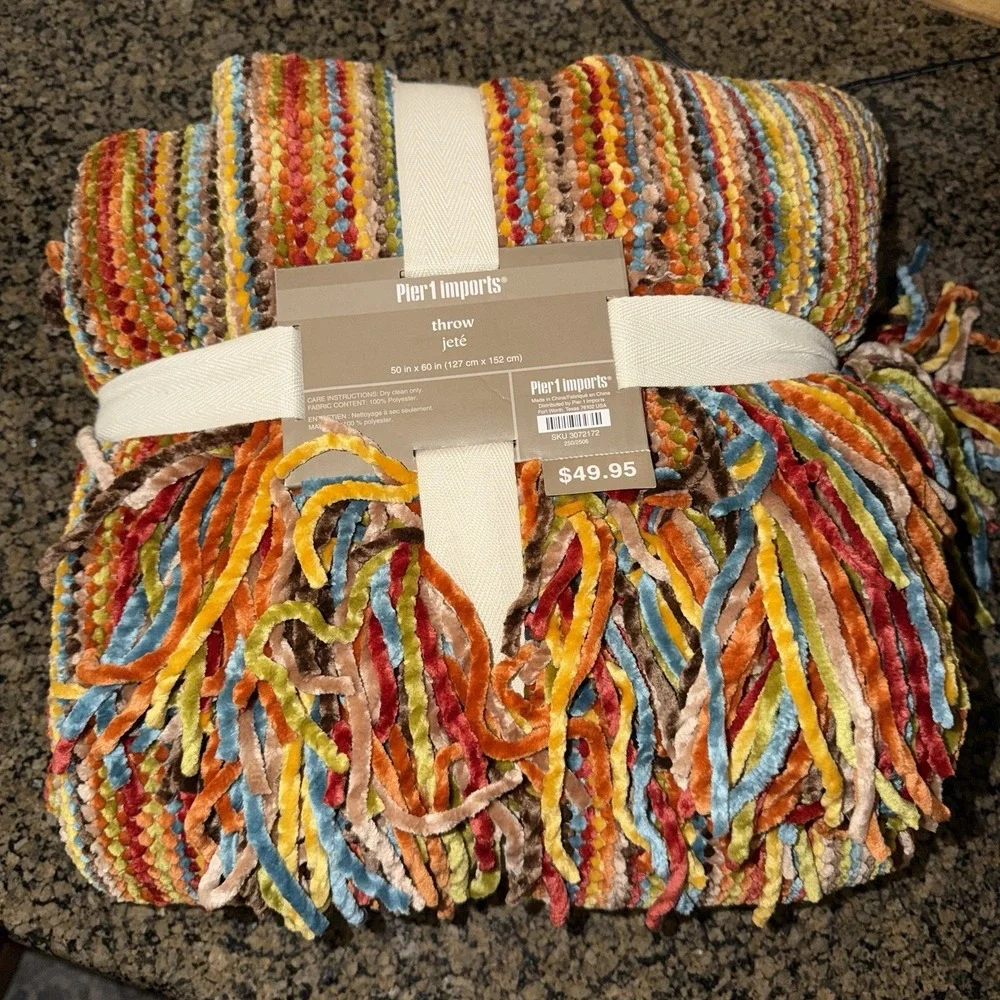 NWT * Pier 1 'JETE' THROW * Chenille Braided Striped Fringe * 50 x 60